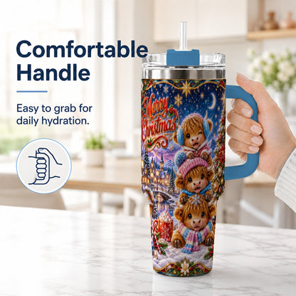 #pl[40oz|Blue] Christmas Highland Cow 40oz Tumbler, Cute Cow Stainless Steel Travel Cup