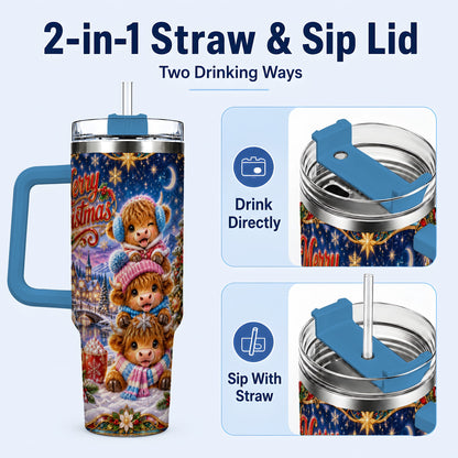 #pl[40oz|Blue] Christmas Highland Cow 40oz Tumbler, Cute Cow Stainless Steel Travel Cup