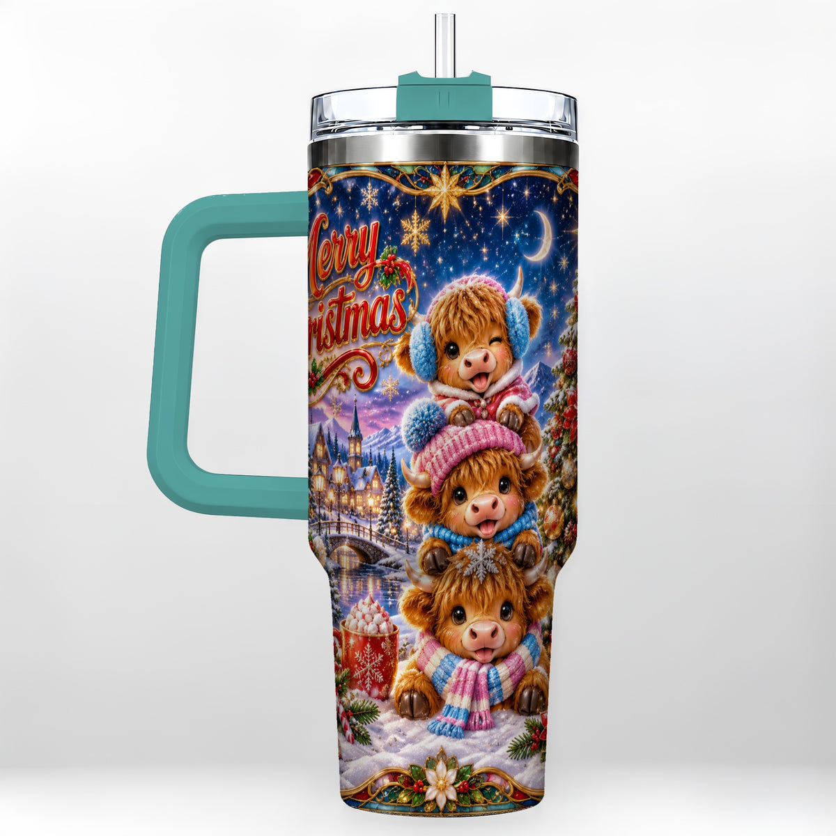 #pl[40oz|Green] Christmas Highland Cow 40oz Tumbler, Cute Cow Stainless Steel Travel Cup