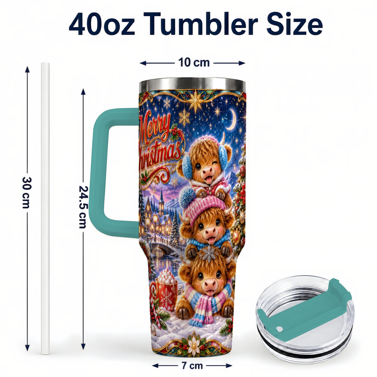 #pl[40oz|Green] Christmas Highland Cow 40oz Tumbler, Cute Cow Stainless Steel Travel Cup