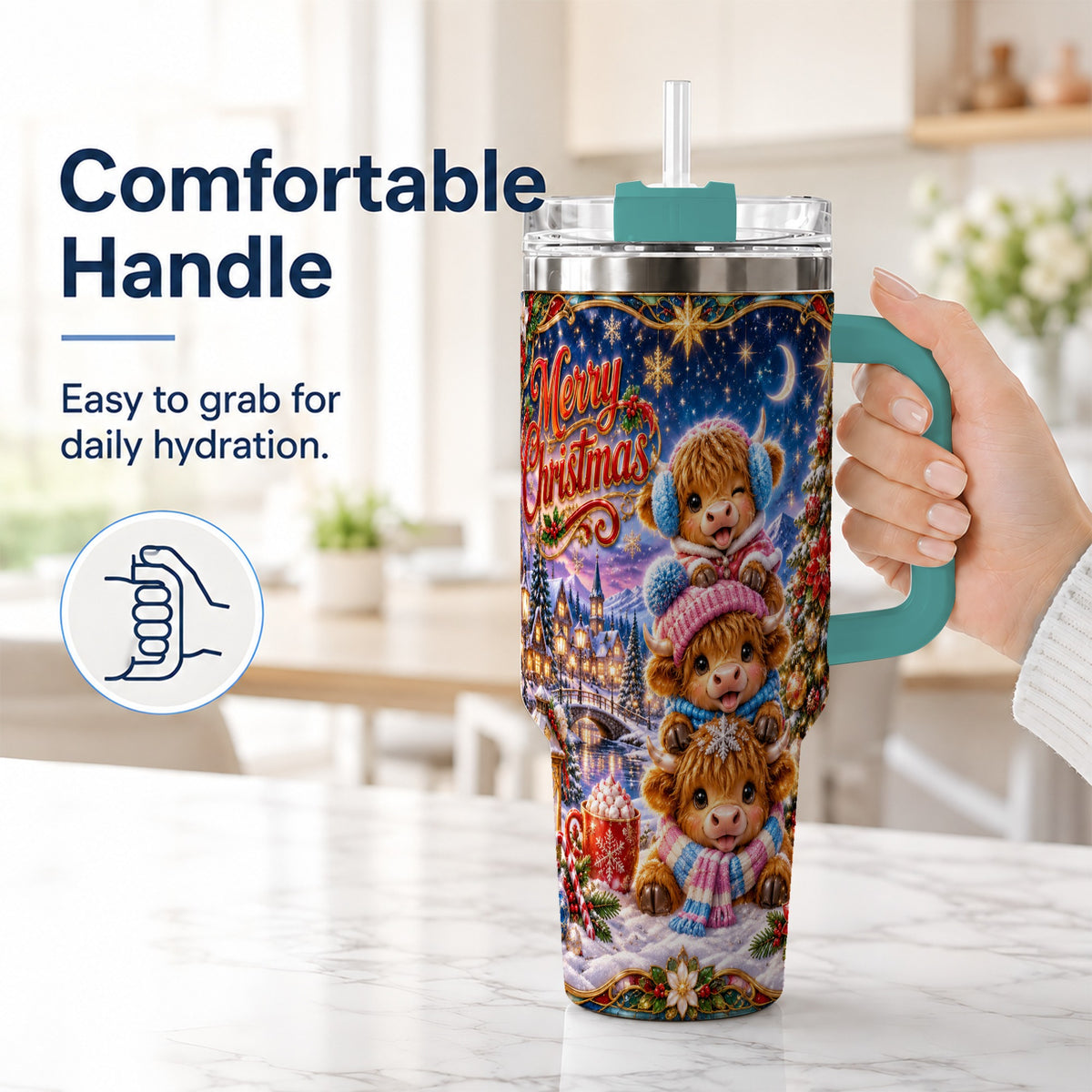 #pl[40oz|Green] Christmas Highland Cow 40oz Tumbler, Cute Cow Stainless Steel Travel Cup