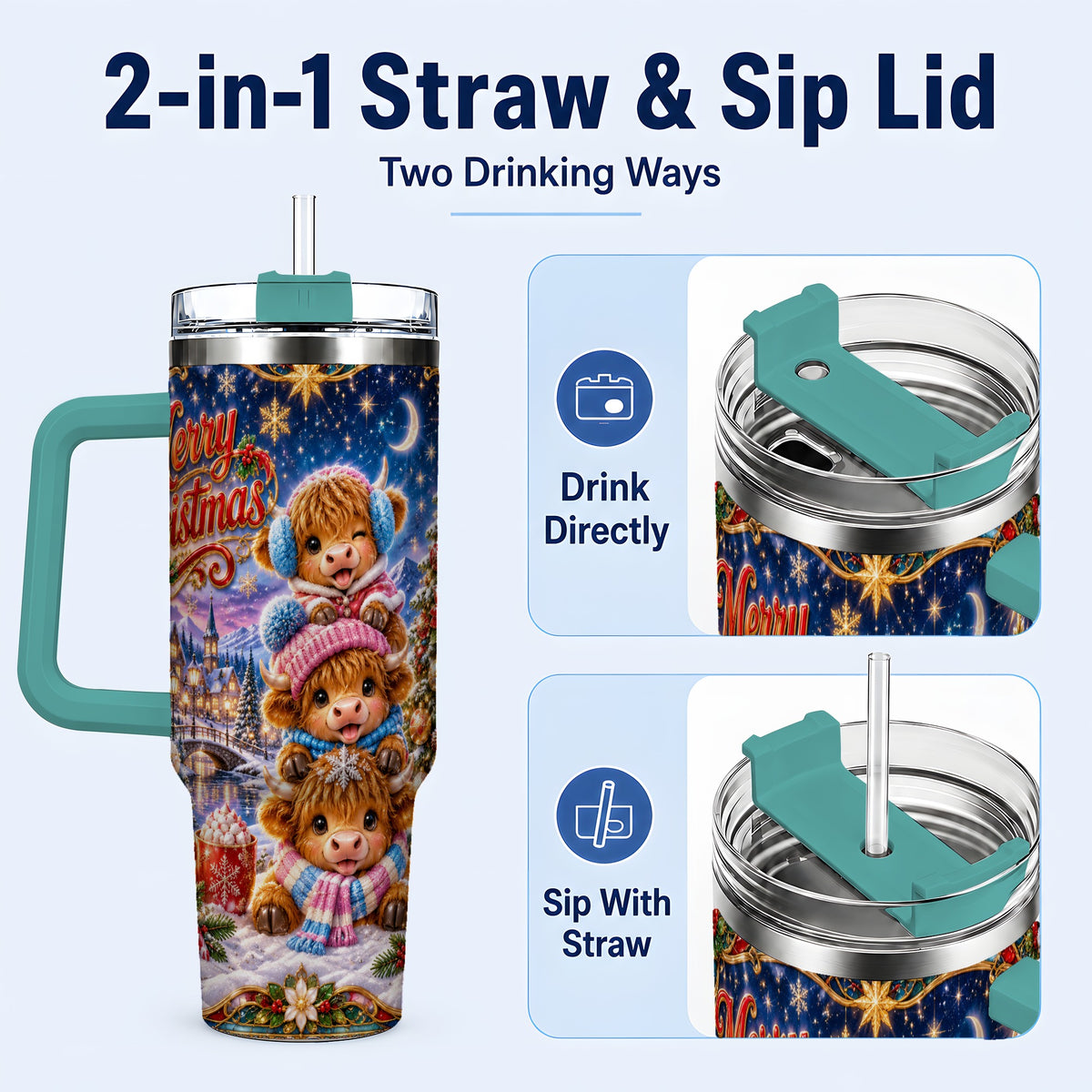 #pl[40oz|Green] Christmas Highland Cow 40oz Tumbler, Cute Cow Stainless Steel Travel Cup