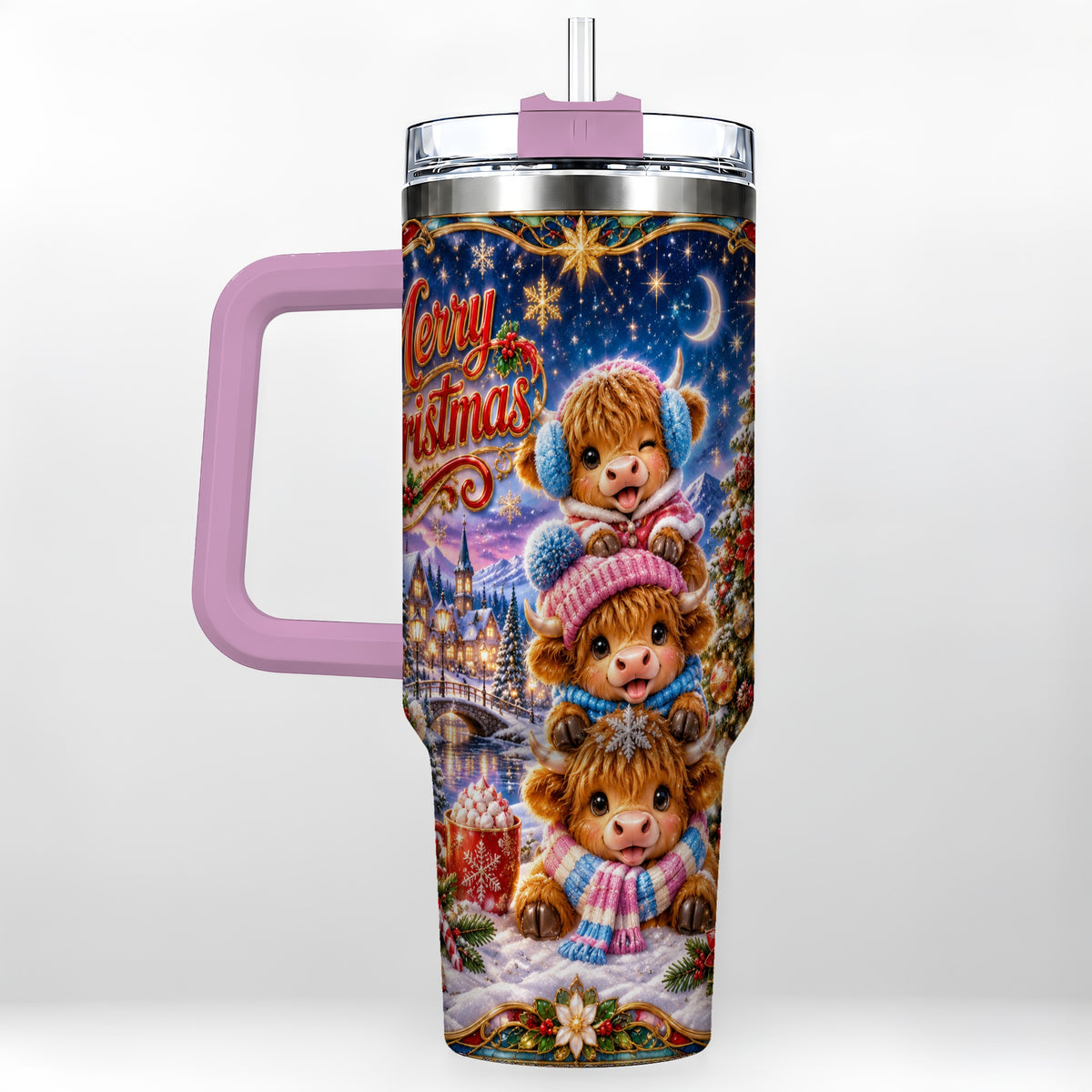 #pl[40oz|Pink] Christmas Highland Cow 40oz Tumbler, Cute Cow Stainless Steel Travel Cup