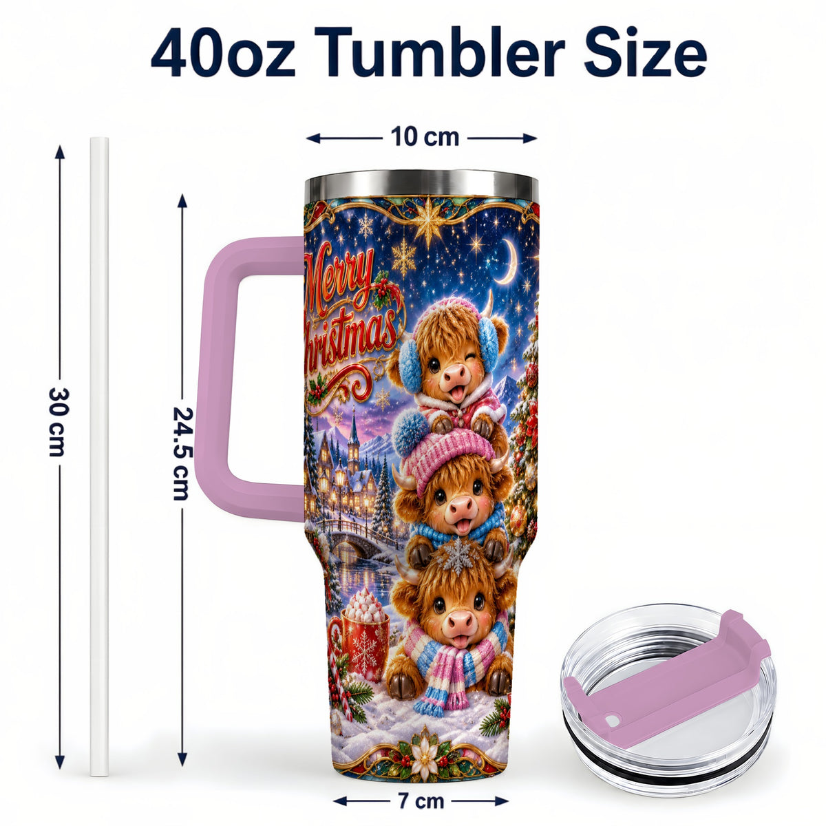 #pl[40oz|Pink] Christmas Highland Cow 40oz Tumbler, Cute Cow Stainless Steel Travel Cup
