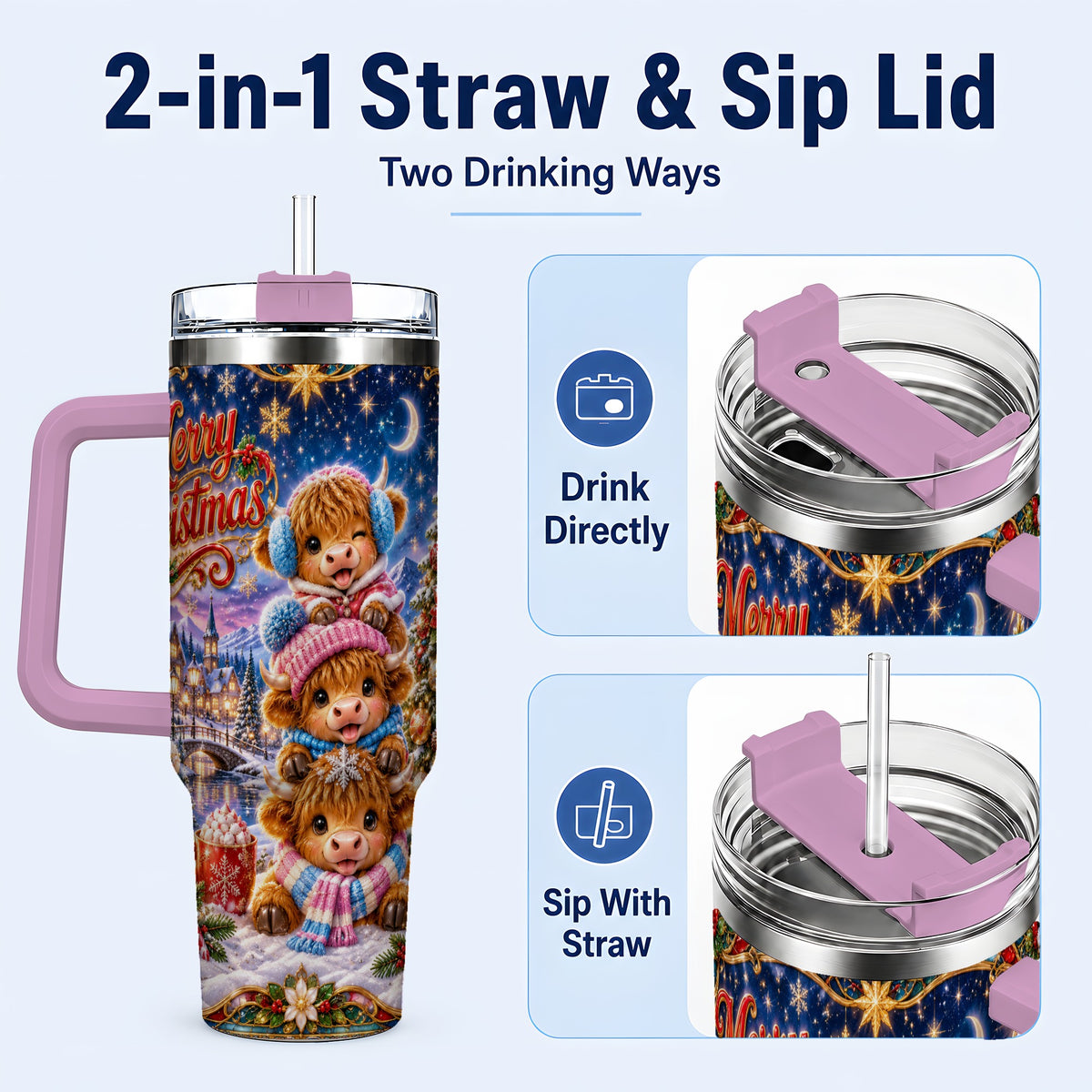 #pl[40oz|Pink] Christmas Highland Cow 40oz Tumbler, Cute Cow Stainless Steel Travel Cup