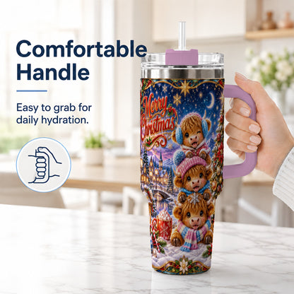#pl[40oz|Pink] Christmas Highland Cow 40oz Tumbler, Cute Cow Stainless Steel Travel Cup
