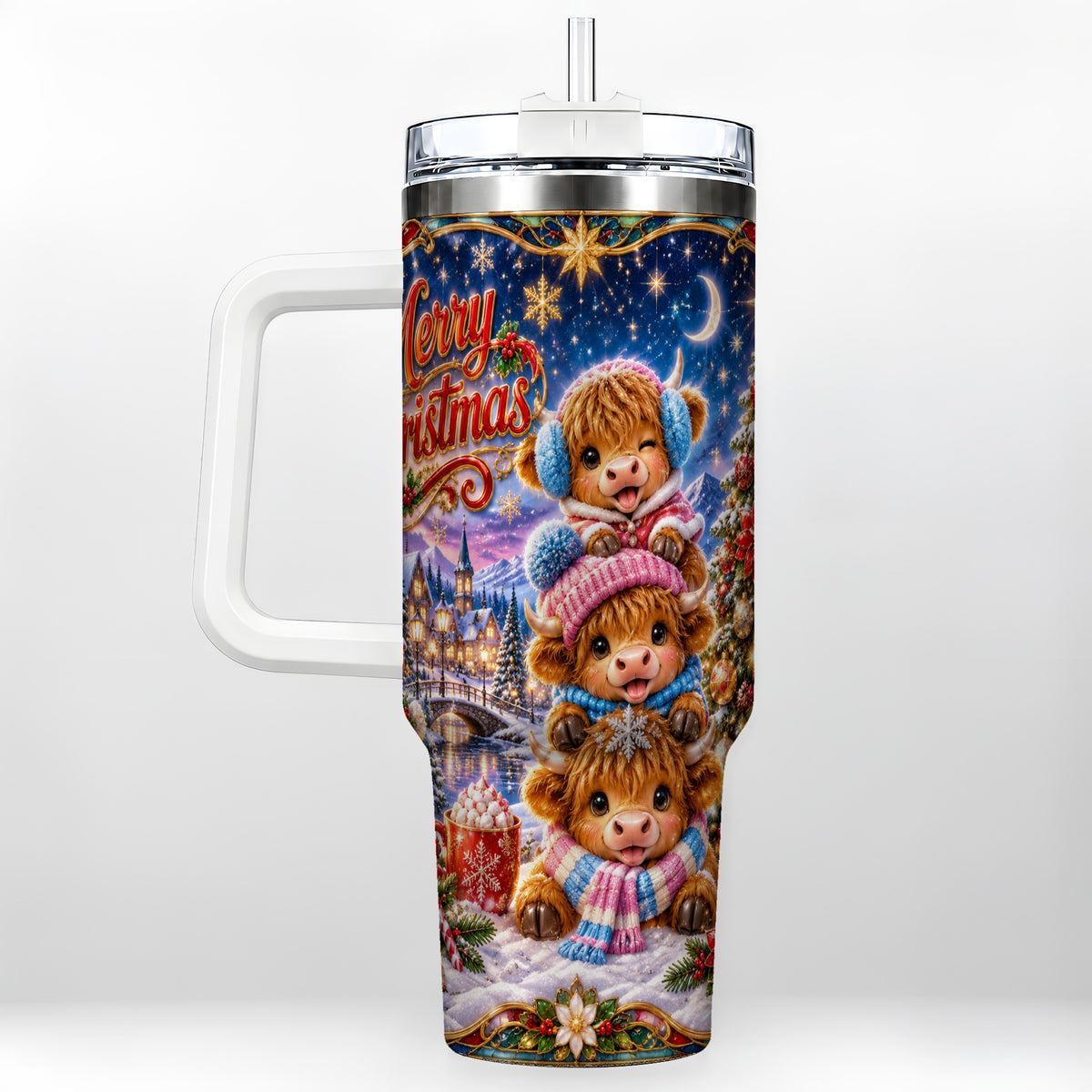 #pl[40oz|White] Christmas Highland Cow 40oz Tumbler, Cute Cow Stainless Steel Travel Cup