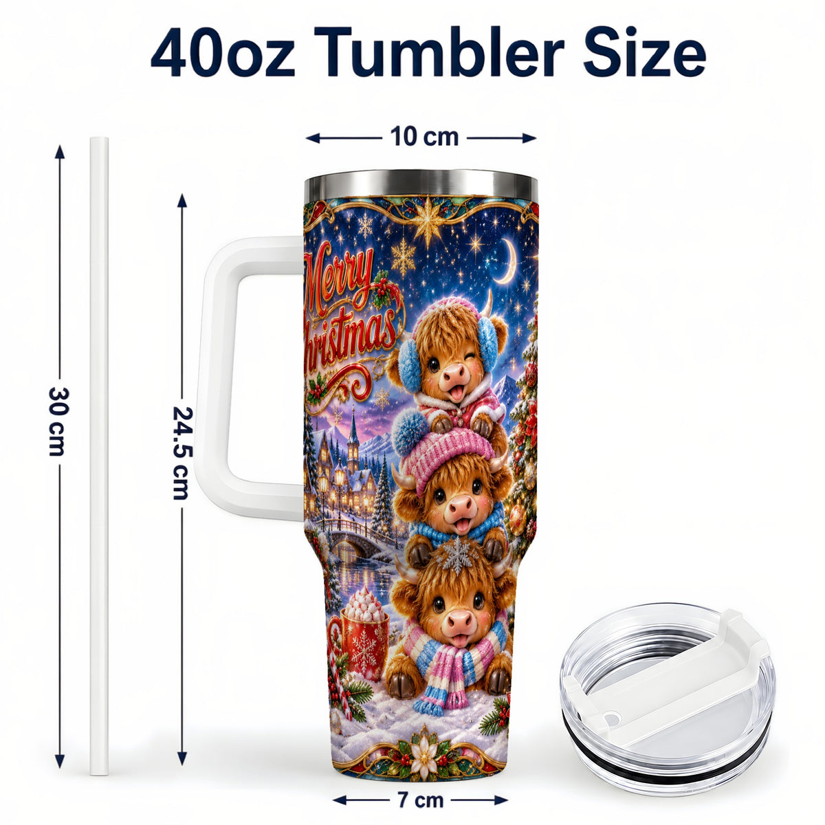 #pl[40oz|White] Christmas Highland Cow 40oz Tumbler, Cute Cow Stainless Steel Travel Cup