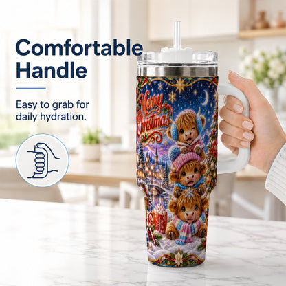 #pl[40oz|White] Christmas Highland Cow 40oz Tumbler, Cute Cow Stainless Steel Travel Cup