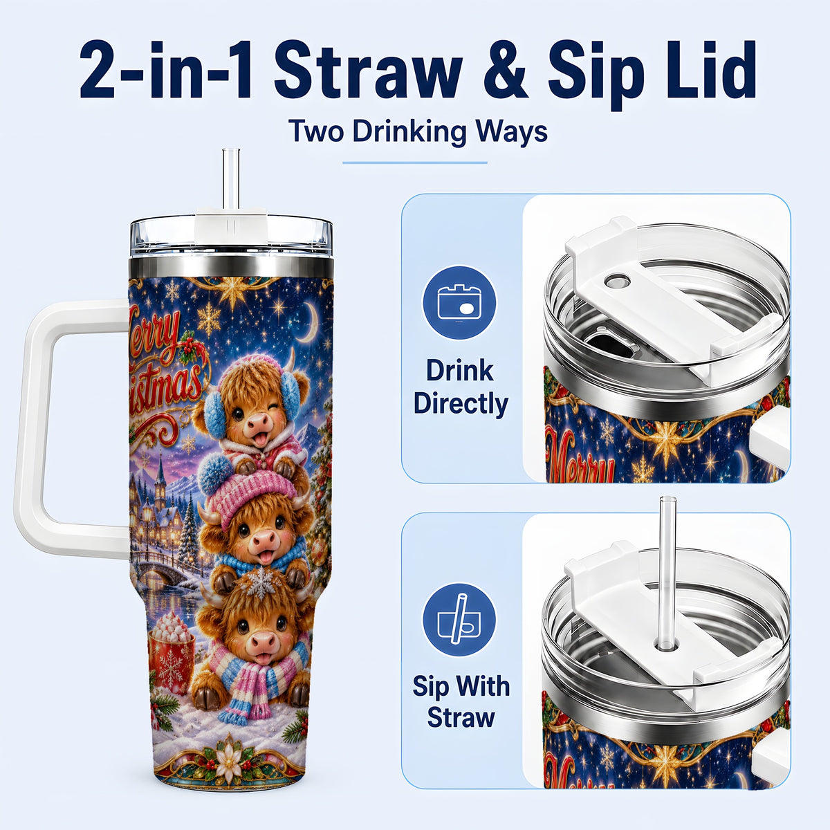 #pl[40oz|White] Christmas Highland Cow 40oz Tumbler, Cute Cow Stainless Steel Travel Cup