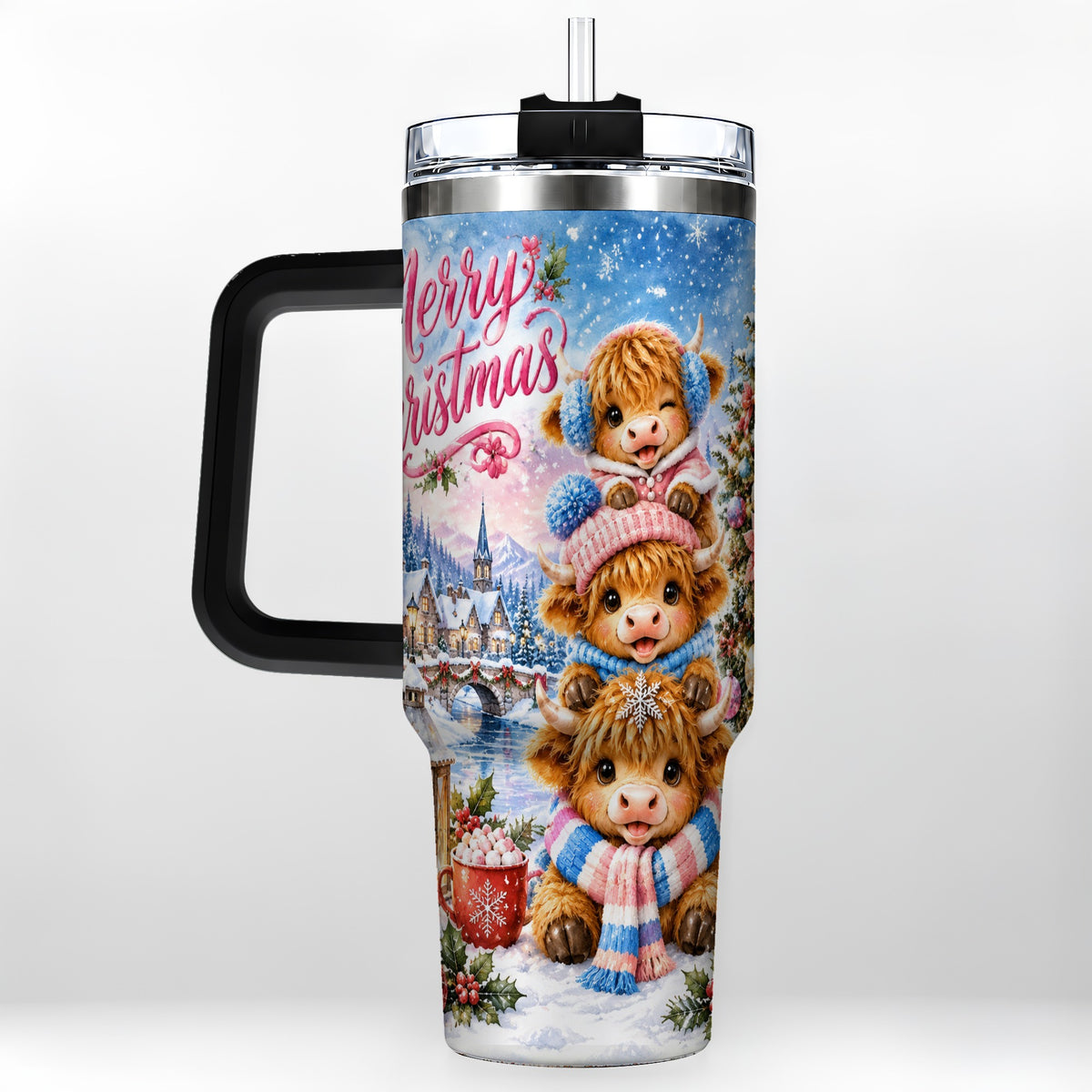 #pl[40oz|Black] Watercolor Christmas Cow 40oz Tumbler, Highland Cow Travel Cup