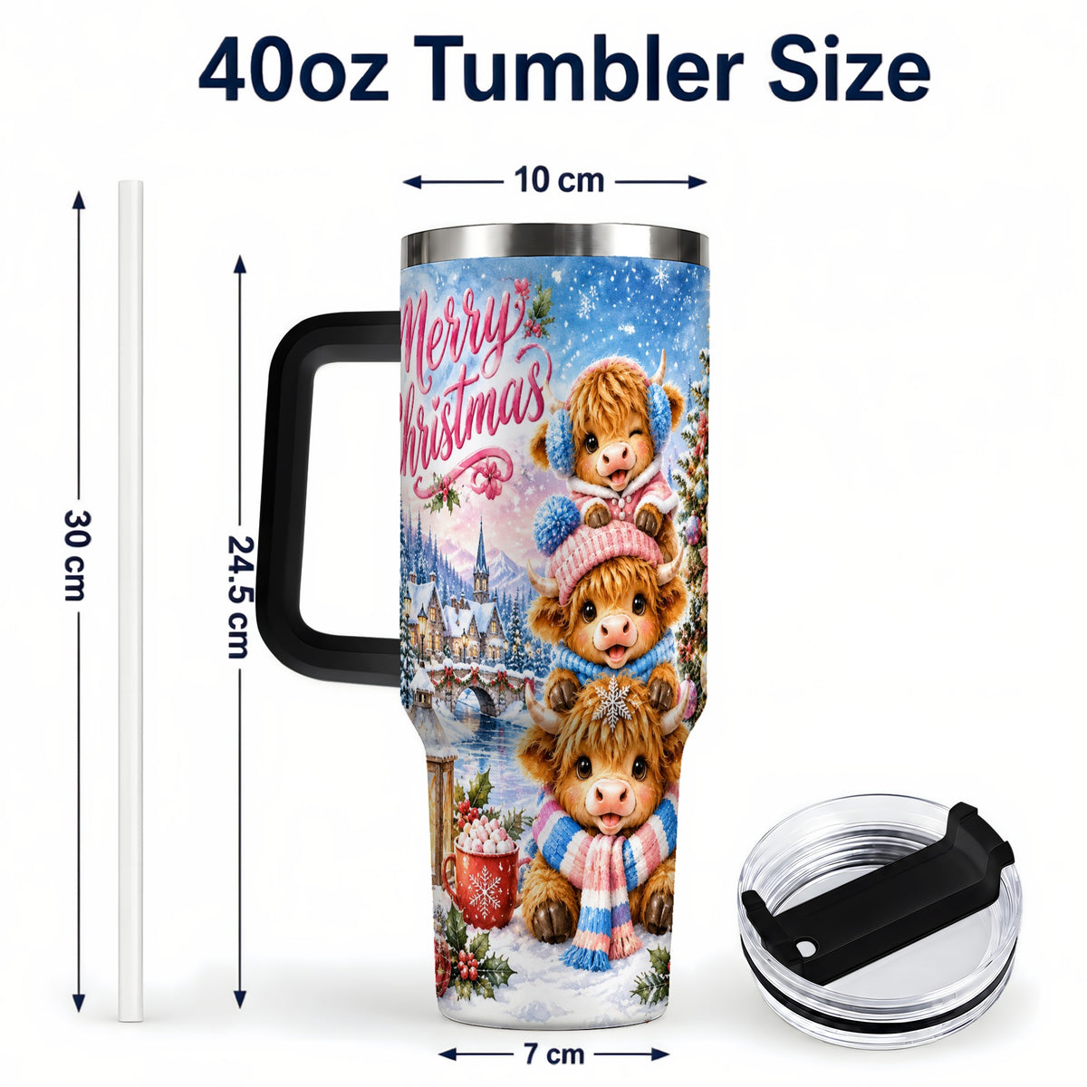 #pl[40oz|Black] Watercolor Christmas Cow 40oz Tumbler, Highland Cow Travel Cup
