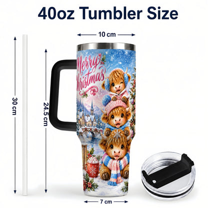 #pl[40oz|Black] Watercolor Christmas Cow 40oz Tumbler, Highland Cow Travel Cup