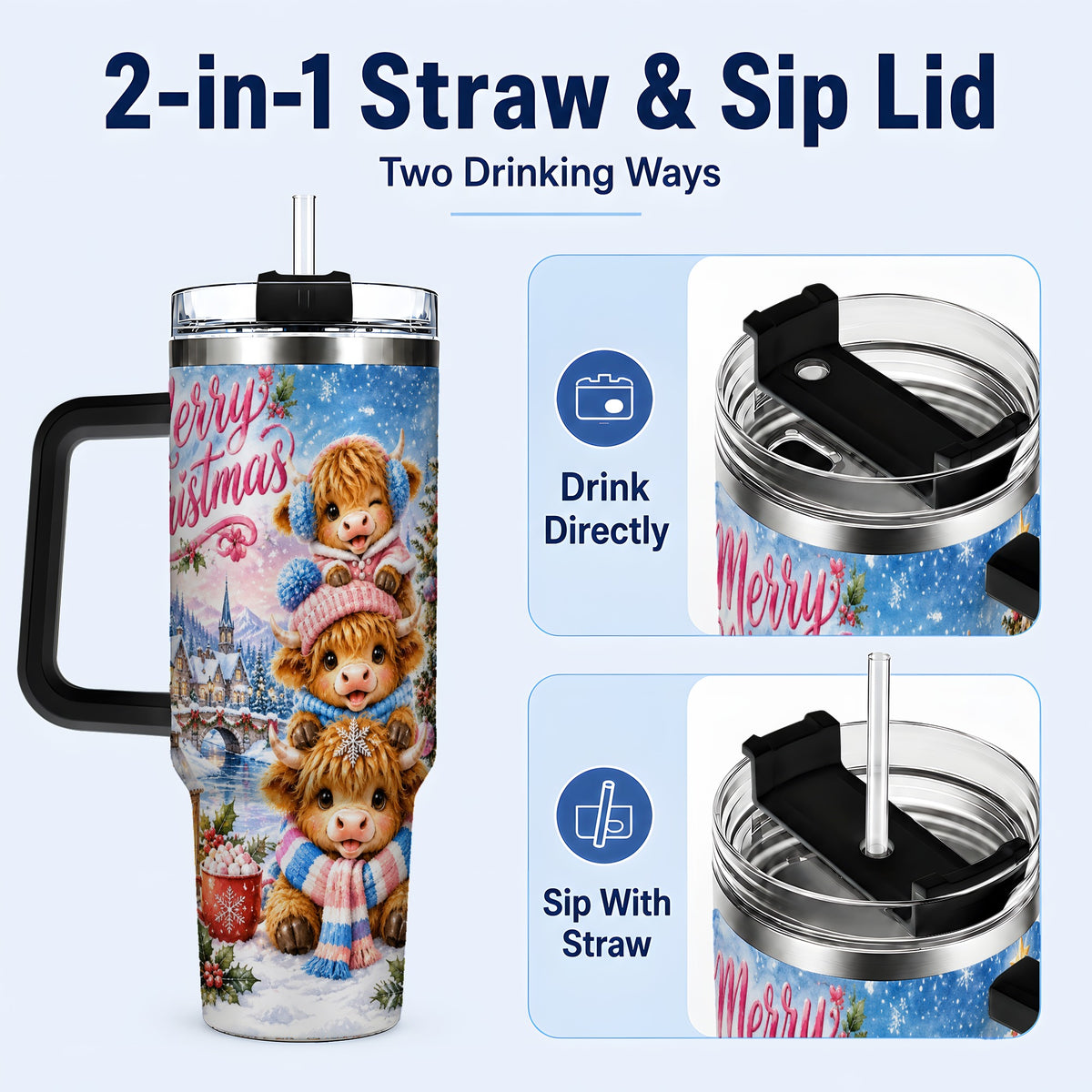 #pl[40oz|Black] Watercolor Christmas Cow 40oz Tumbler, Highland Cow Travel Cup
