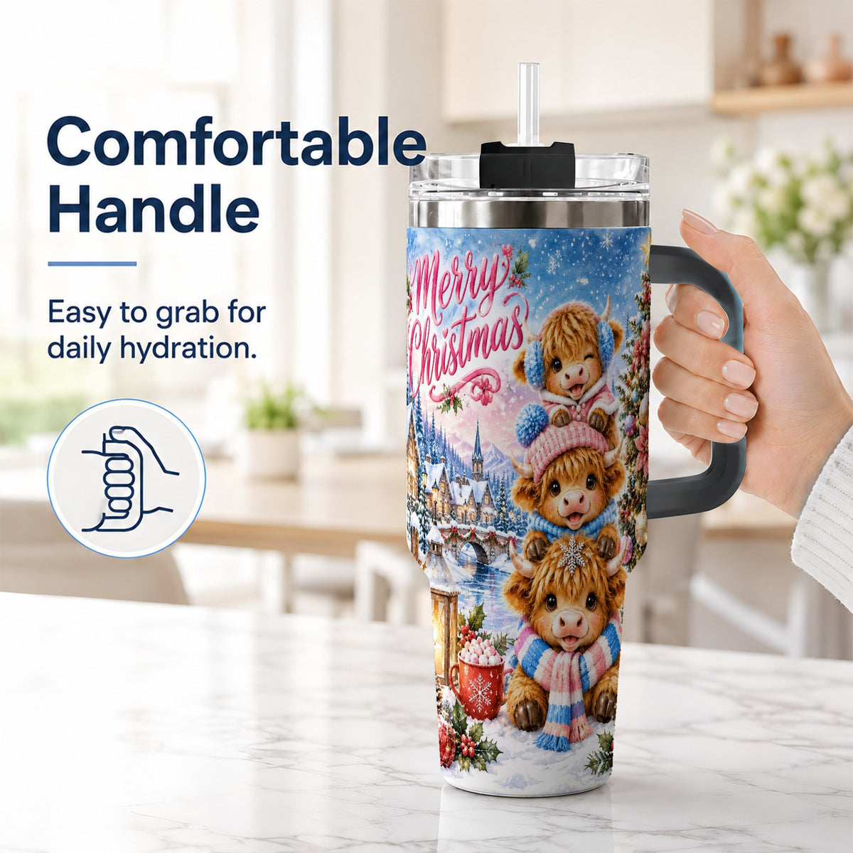 #pl[40oz|Black] Watercolor Christmas Cow 40oz Tumbler, Highland Cow Travel Cup