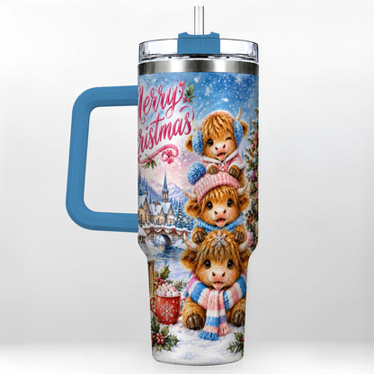 #pl[40oz|Blue] Watercolor Christmas Cow 40oz Tumbler, Highland Cow Travel Cup