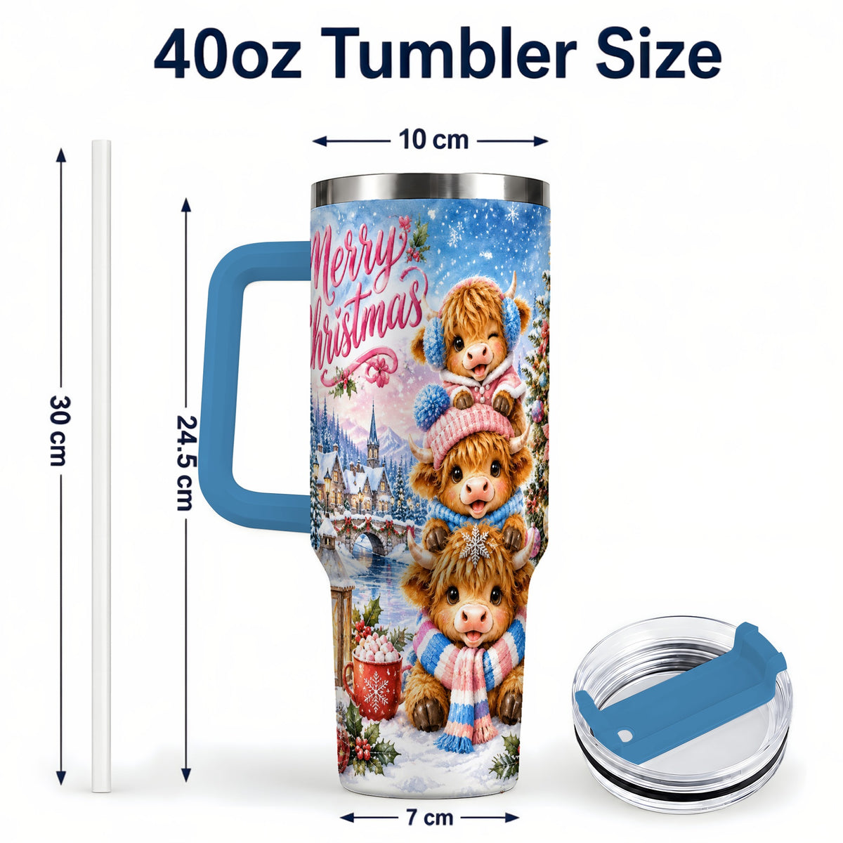 #pl[40oz|Blue] Watercolor Christmas Cow 40oz Tumbler, Highland Cow Travel Cup