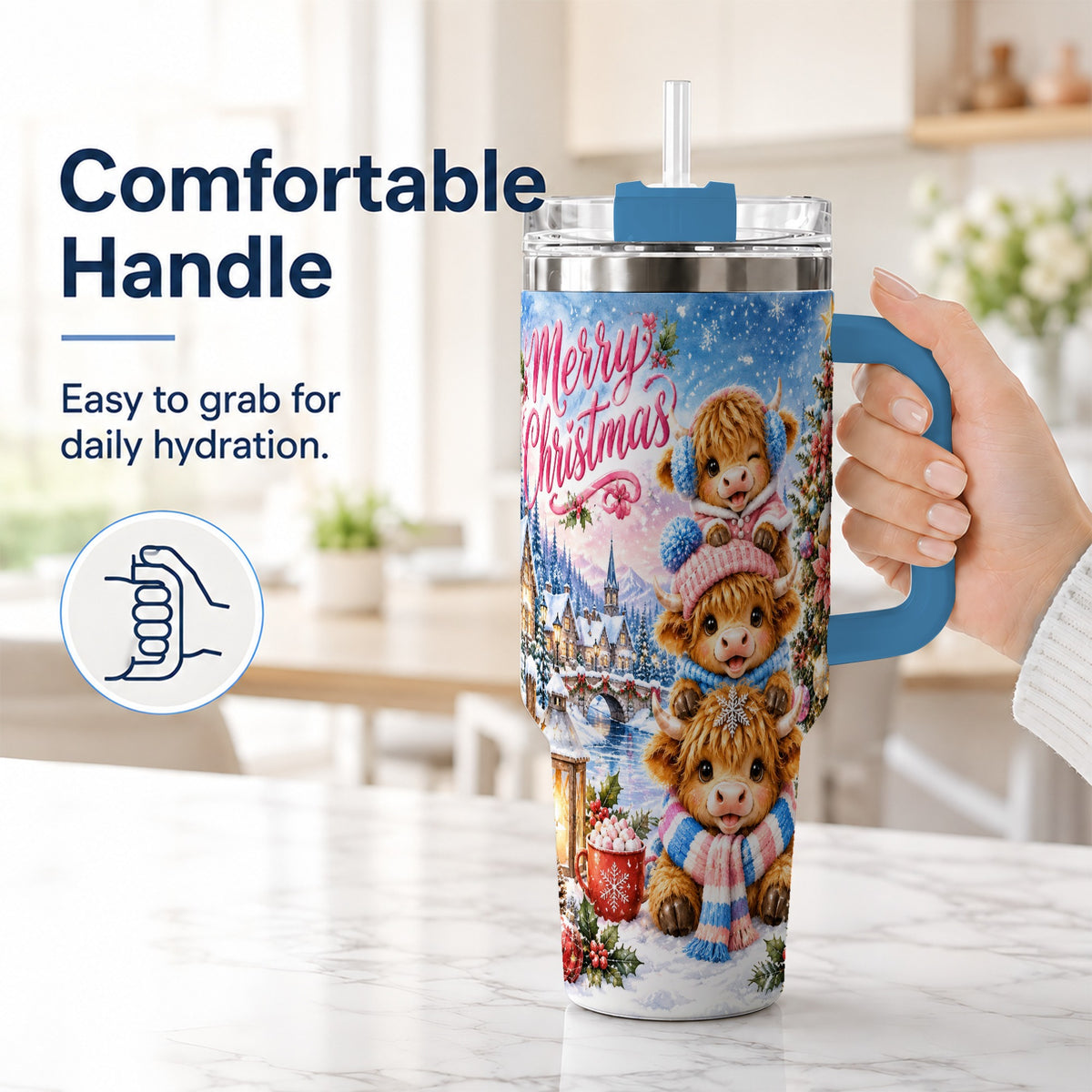 #pl[40oz|Blue] Watercolor Christmas Cow 40oz Tumbler, Highland Cow Travel Cup