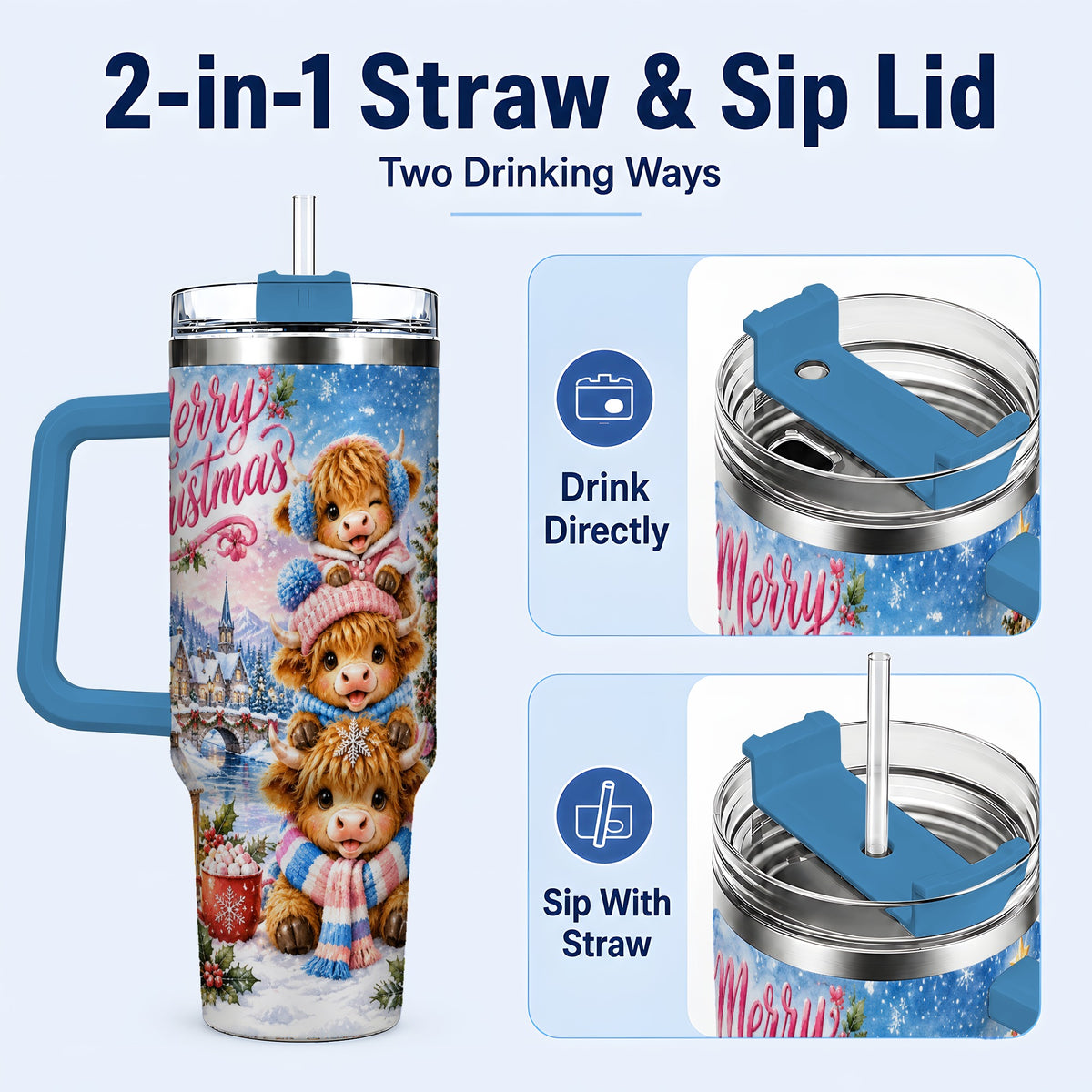 #pl[40oz|Blue] Watercolor Christmas Cow 40oz Tumbler, Highland Cow Travel Cup
