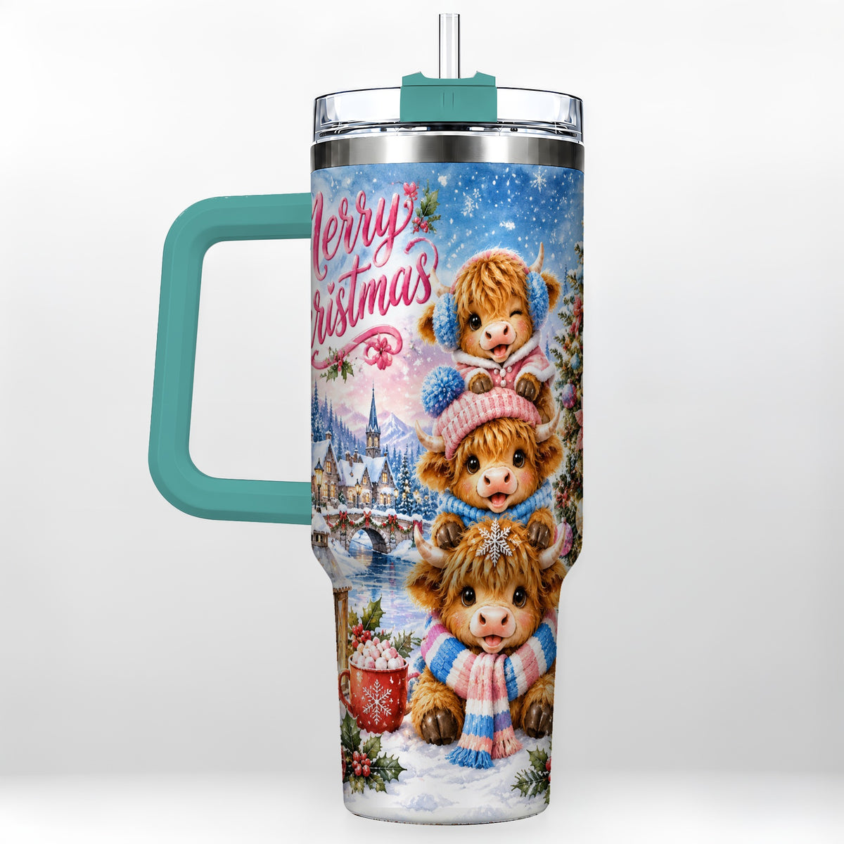 #pl[40oz|Green] Watercolor Christmas Cow 40oz Tumbler, Highland Cow Travel Cup