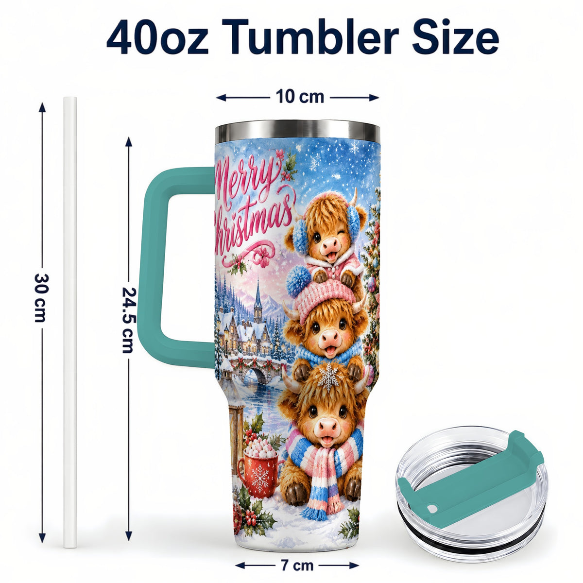 #pl[40oz|Green] Watercolor Christmas Cow 40oz Tumbler, Highland Cow Travel Cup
