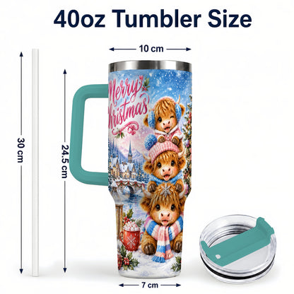 #pl[40oz|Green] Watercolor Christmas Cow 40oz Tumbler, Highland Cow Travel Cup