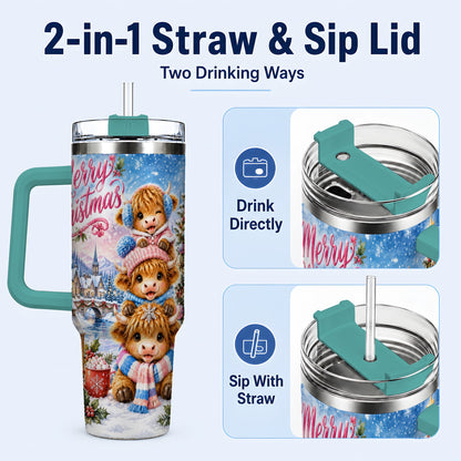 #pl[40oz|Green] Watercolor Christmas Cow 40oz Tumbler, Highland Cow Travel Cup