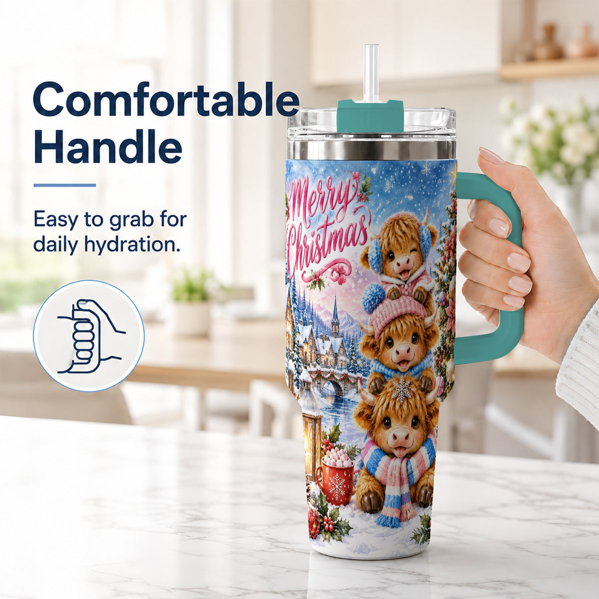 #pl[40oz|Green] Watercolor Christmas Cow 40oz Tumbler, Highland Cow Travel Cup