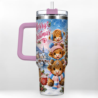 #pl[40oz|Pink] Watercolor Christmas Cow 40oz Tumbler, Highland Cow Travel Cup