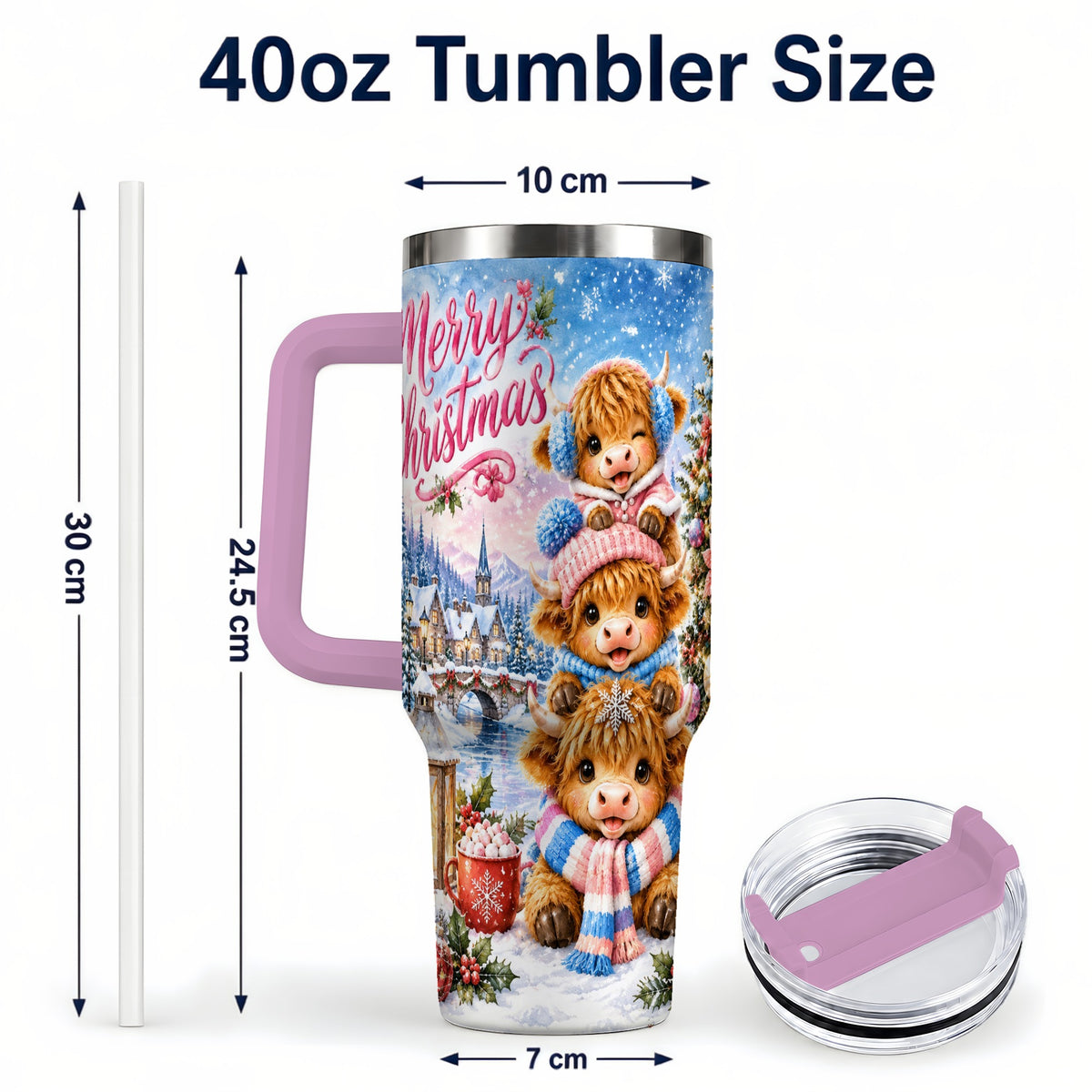 #pl[40oz|Pink] Watercolor Christmas Cow 40oz Tumbler, Highland Cow Travel Cup