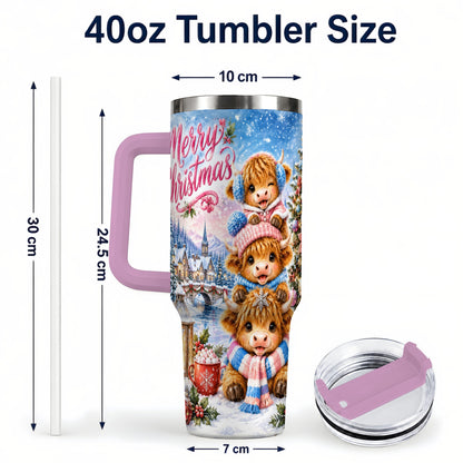 #pl[40oz|Pink] Watercolor Christmas Cow 40oz Tumbler, Highland Cow Travel Cup