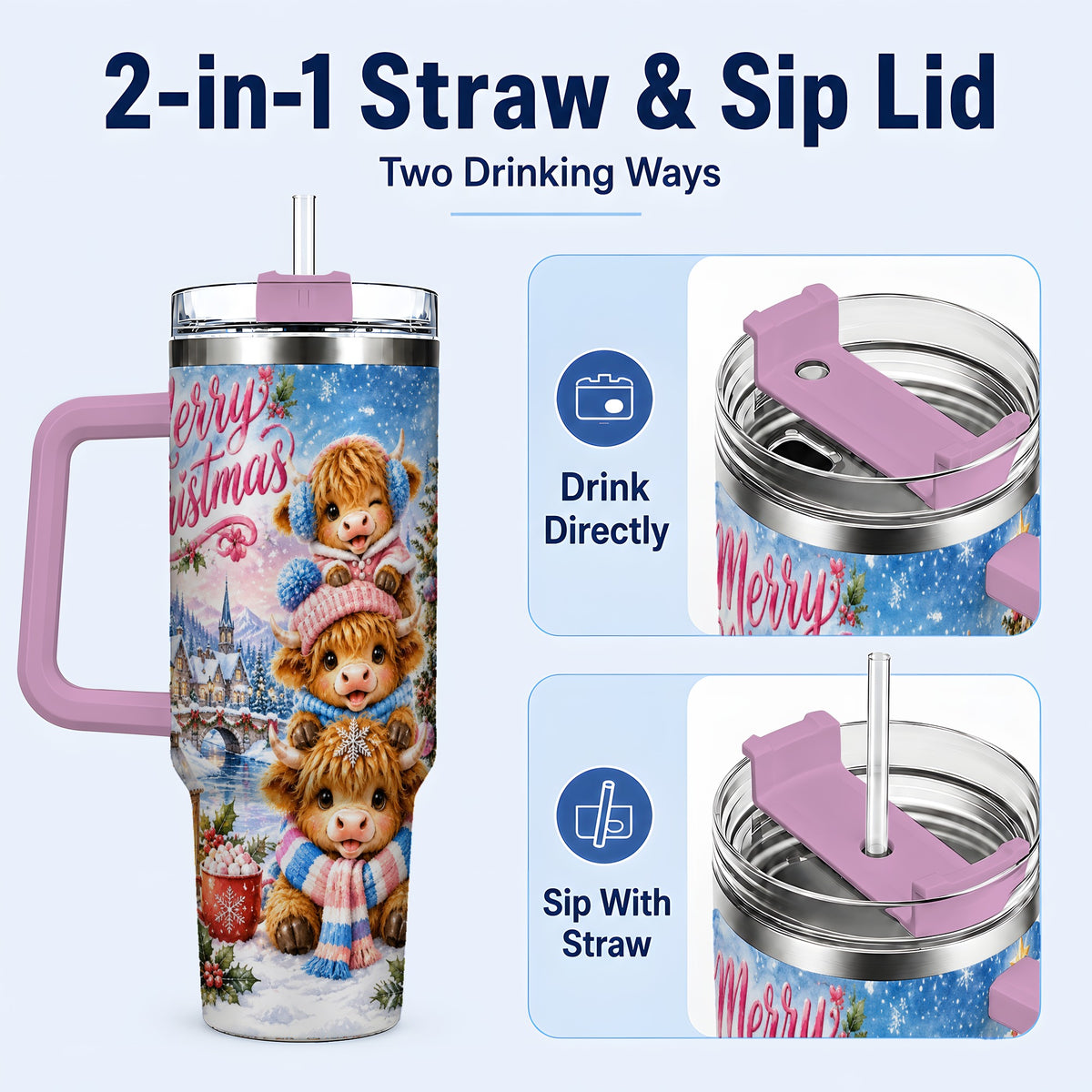 #pl[40oz|Pink] Watercolor Christmas Cow 40oz Tumbler, Highland Cow Travel Cup