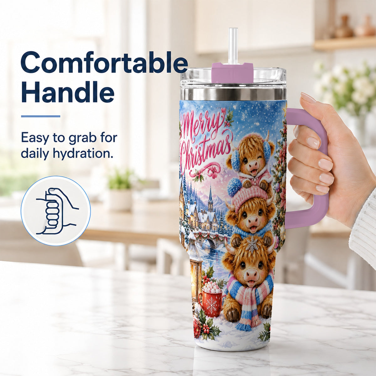 #pl[40oz|Pink] Watercolor Christmas Cow 40oz Tumbler, Highland Cow Travel Cup
