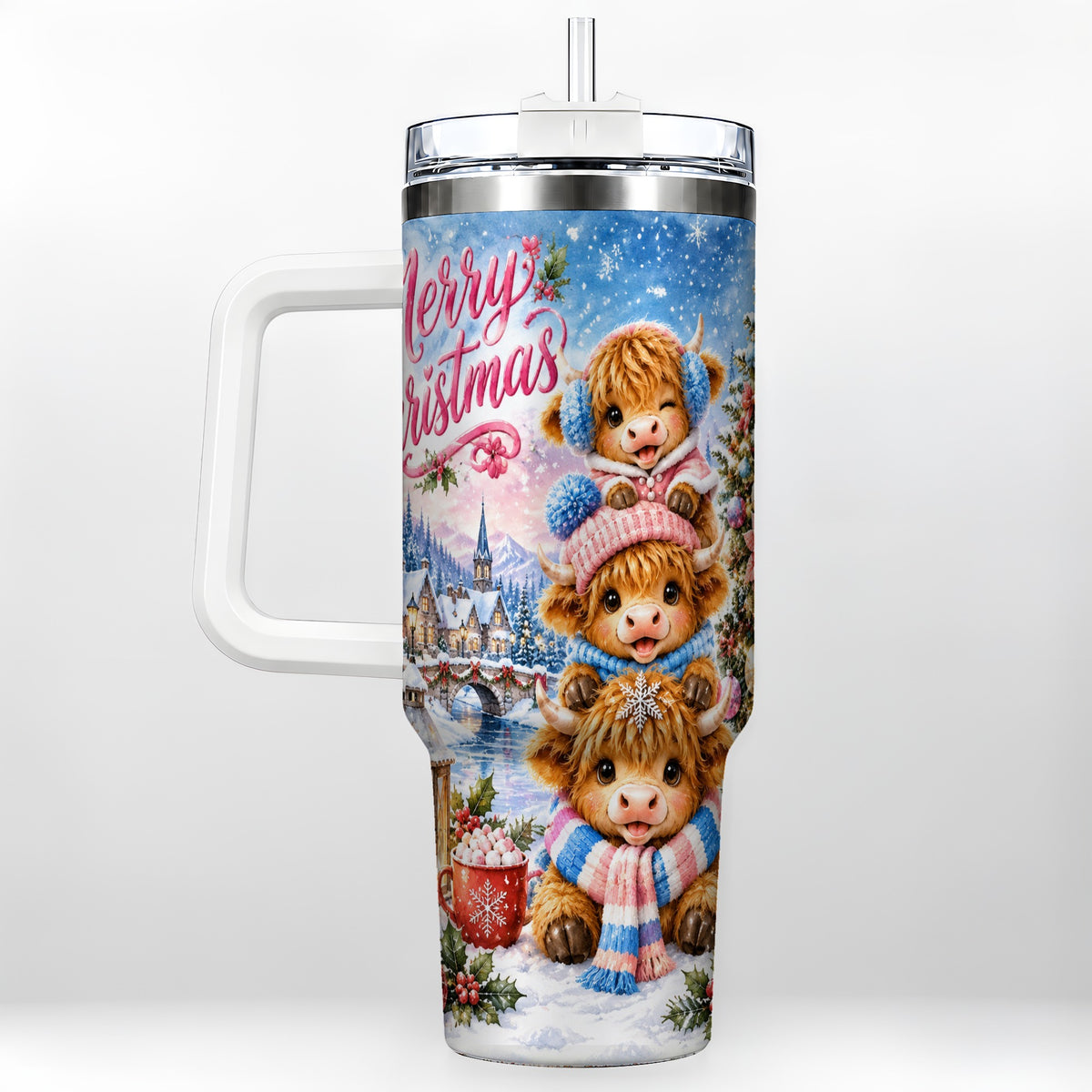 #pl[40oz|White] Watercolor Christmas Cow 40oz Tumbler, Highland Cow Travel Cup
