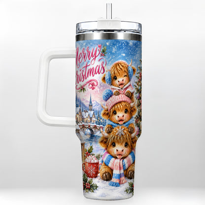 #pl[40oz|White] Watercolor Christmas Cow 40oz Tumbler, Highland Cow Travel Cup