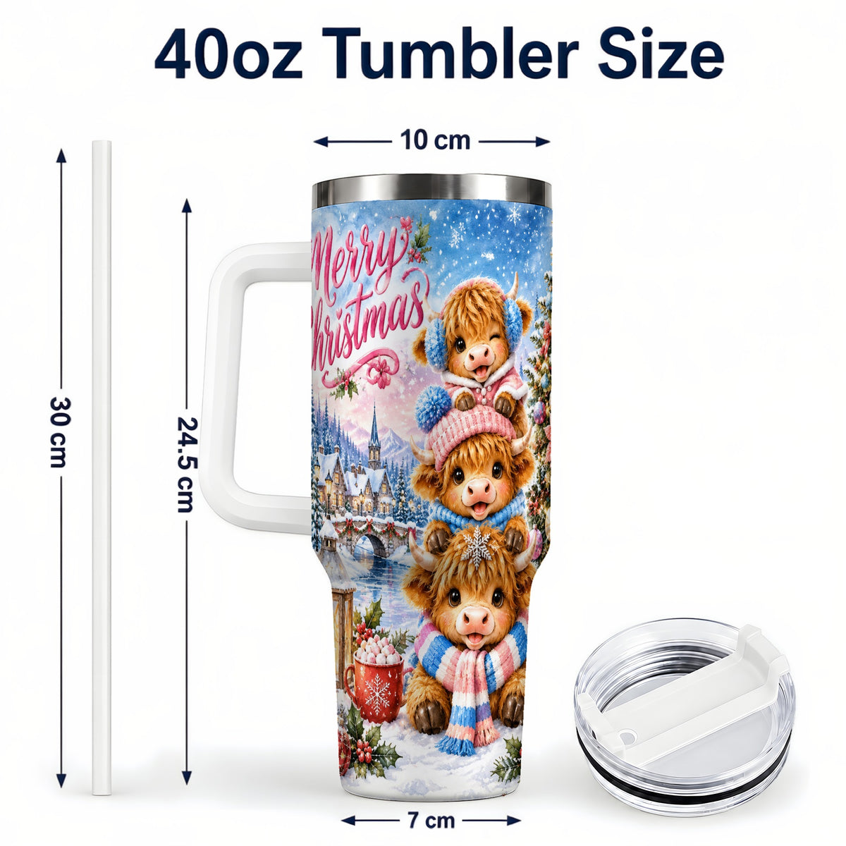 #pl[40oz|White] Watercolor Christmas Cow 40oz Tumbler, Highland Cow Travel Cup
