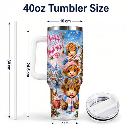 #pl[40oz|White] Watercolor Christmas Cow 40oz Tumbler, Highland Cow Travel Cup