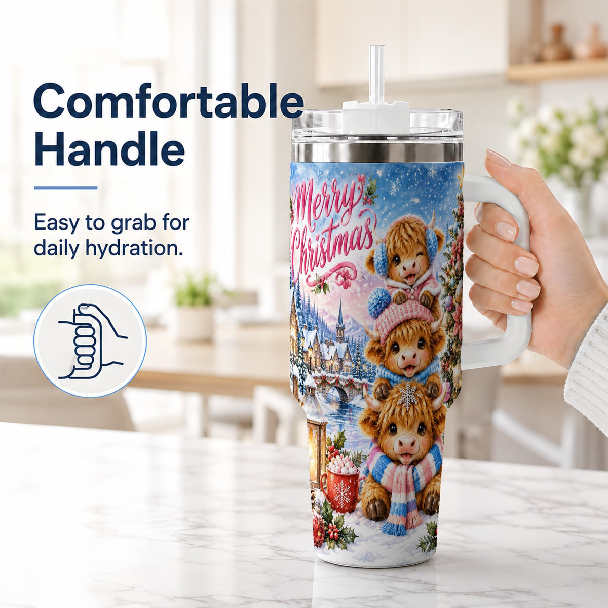 #pl[40oz|White] Watercolor Christmas Cow 40oz Tumbler, Highland Cow Travel Cup