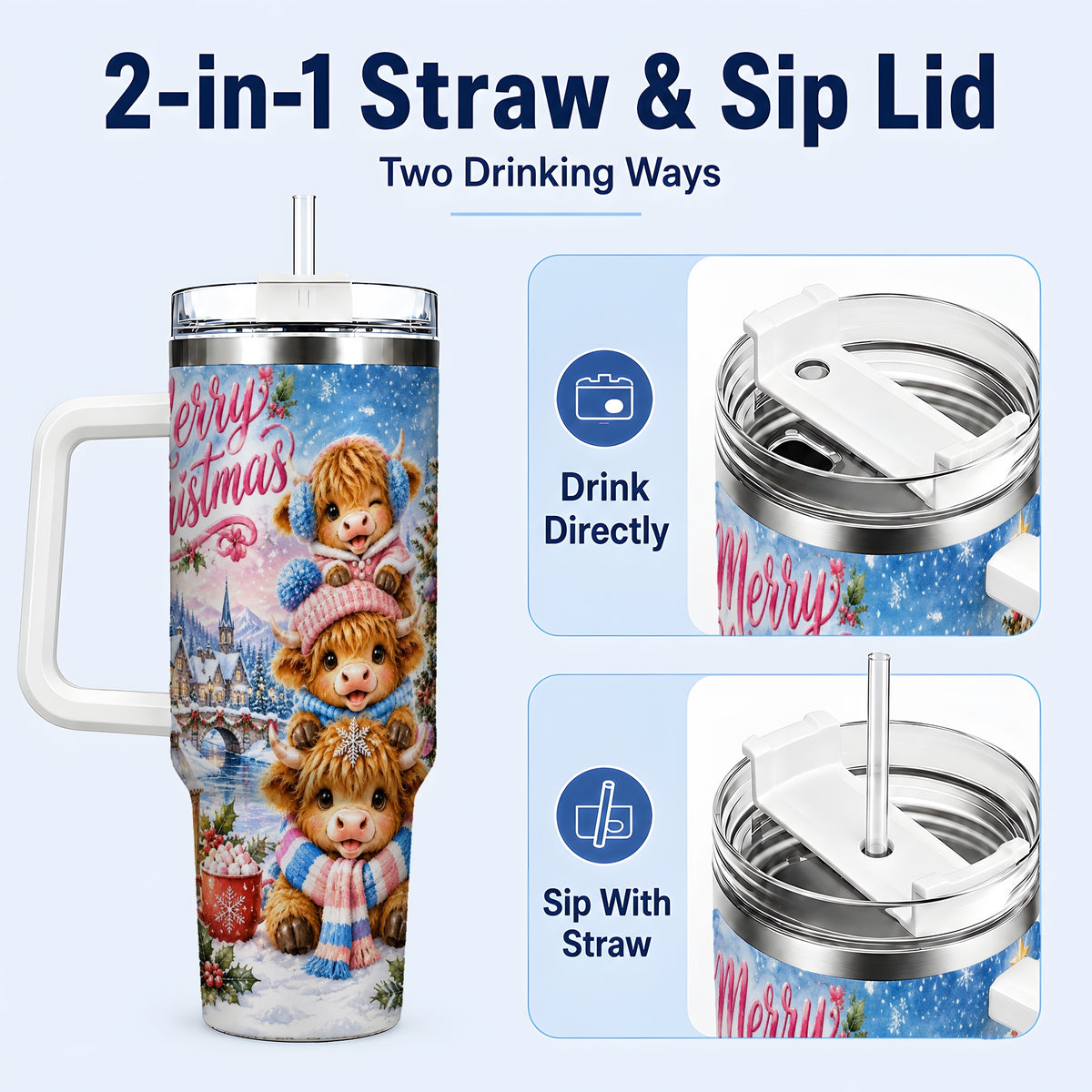 #pl[40oz|White] Watercolor Christmas Cow 40oz Tumbler, Highland Cow Travel Cup