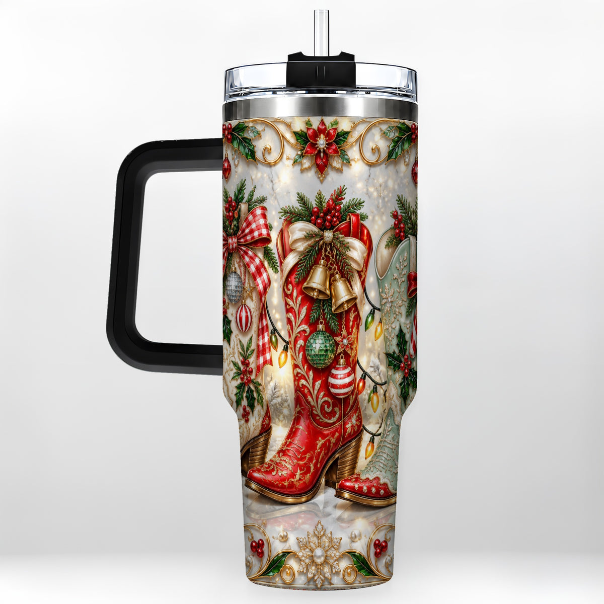 #pl[40oz|Black] Christmas Cowboy Boots 40oz Tumbler, Western Stainless Steel Travel Cup