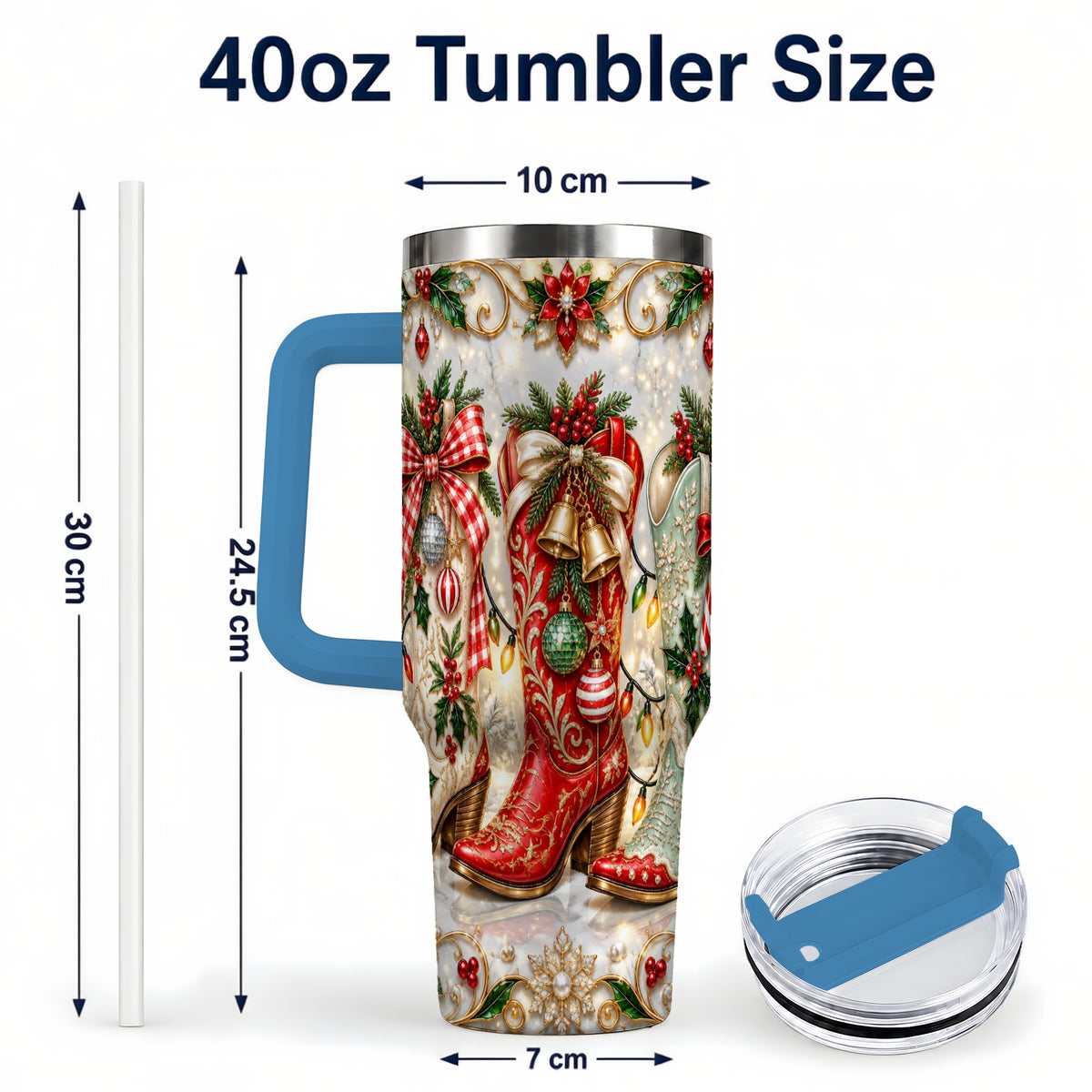 #pl[40oz|Blue] Christmas Cowboy Boots 40oz Tumbler, Western Stainless Steel Travel Cup