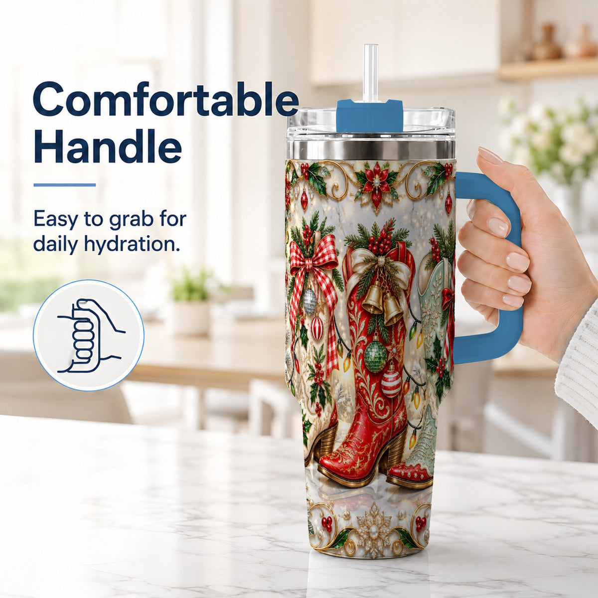 #pl[40oz|Blue] Christmas Cowboy Boots 40oz Tumbler, Western Stainless Steel Travel Cup
