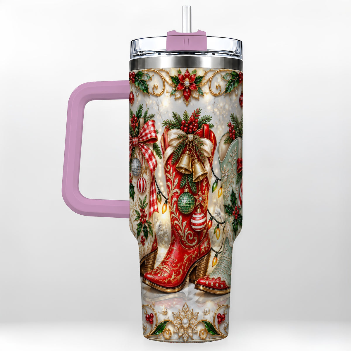 #pl[40oz|Pink] Christmas Cowboy Boots 40oz Tumbler, Western Stainless Steel Travel Cup