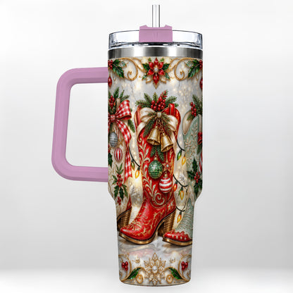 #pl[40oz|Pink] Christmas Cowboy Boots 40oz Tumbler, Western Stainless Steel Travel Cup