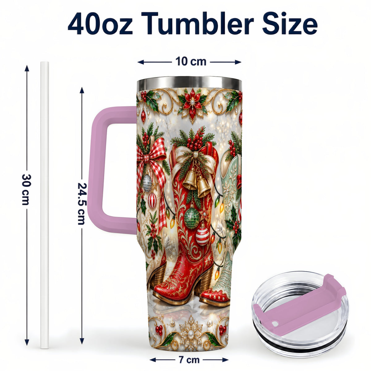 #pl[40oz|Pink] Christmas Cowboy Boots 40oz Tumbler, Western Stainless Steel Travel Cup