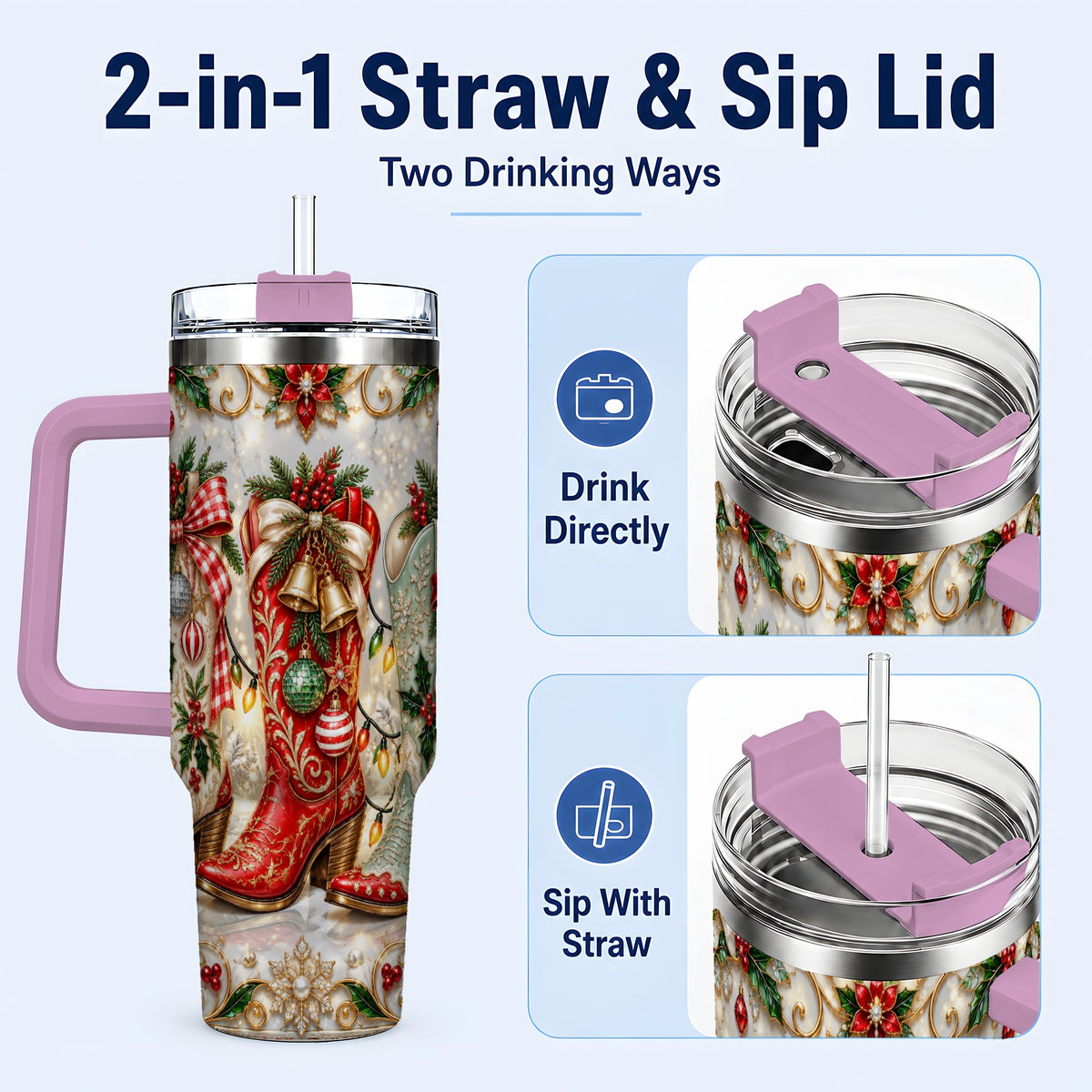 #pl[40oz|Pink] Christmas Cowboy Boots 40oz Tumbler, Western Stainless Steel Travel Cup