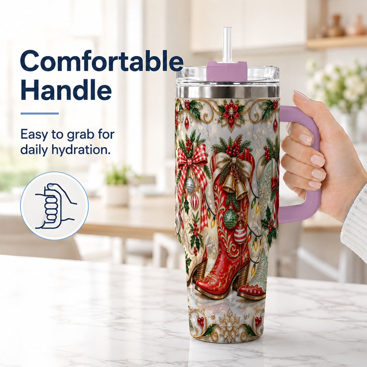 #pl[40oz|Pink] Christmas Cowboy Boots 40oz Tumbler, Western Stainless Steel Travel Cup