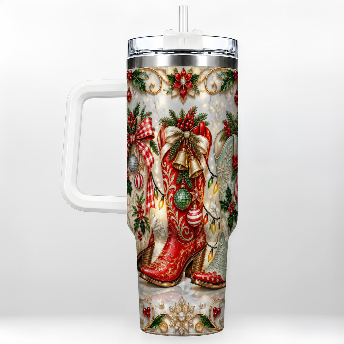 #pl[40oz|White] Christmas Cowboy Boots 40oz Tumbler, Western Stainless Steel Travel Cup