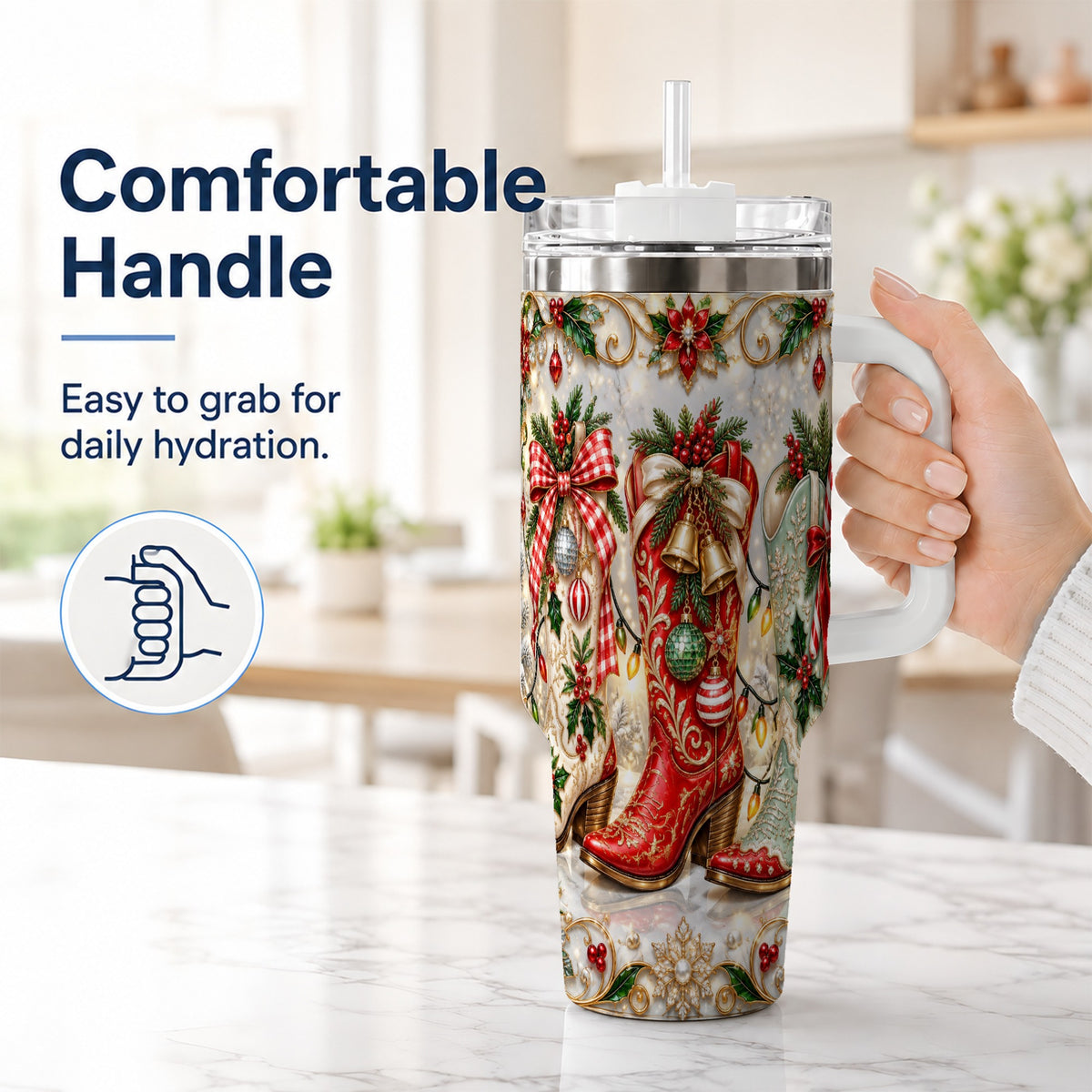 #pl[40oz|White] Christmas Cowboy Boots 40oz Tumbler, Western Stainless Steel Travel Cup