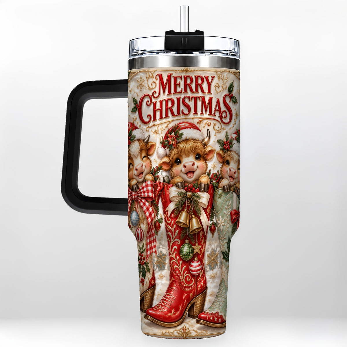 #pl[40oz|Black] Christmas Cow 40oz Tumbler, Cowboy Boots Stainless Steel Travel Cup
